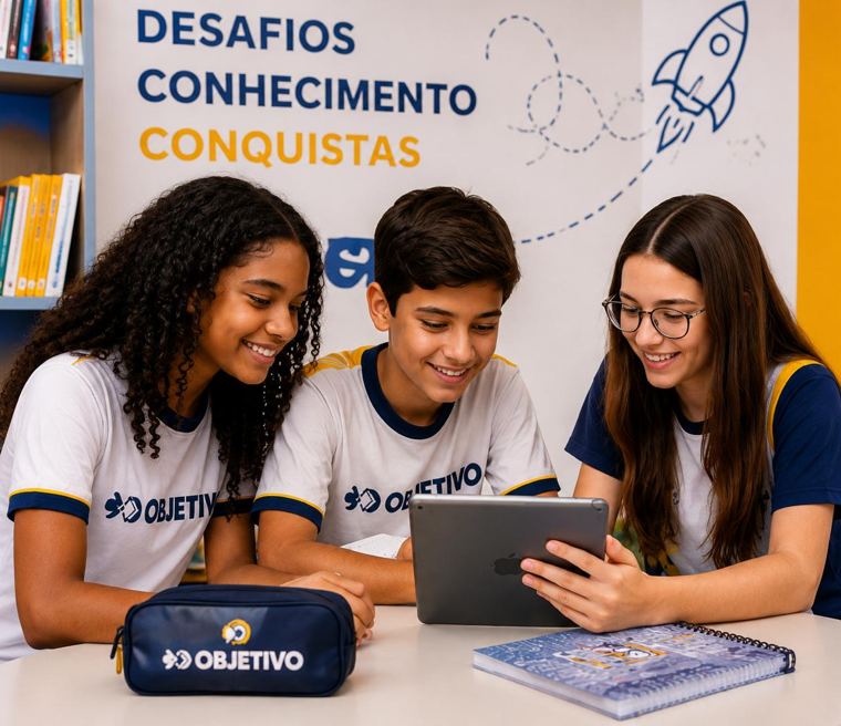 Alunos do Ensino Fundamental II estudando com tablet