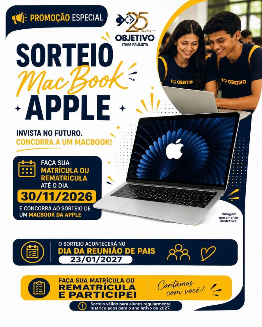 Sorteio de um MacBook Apple na matrícula 2027 do Colégio Monforte Objetivo