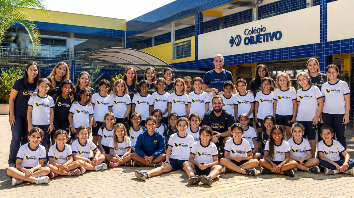 Alunos e professores do Colégio Monforte no pátio da escola