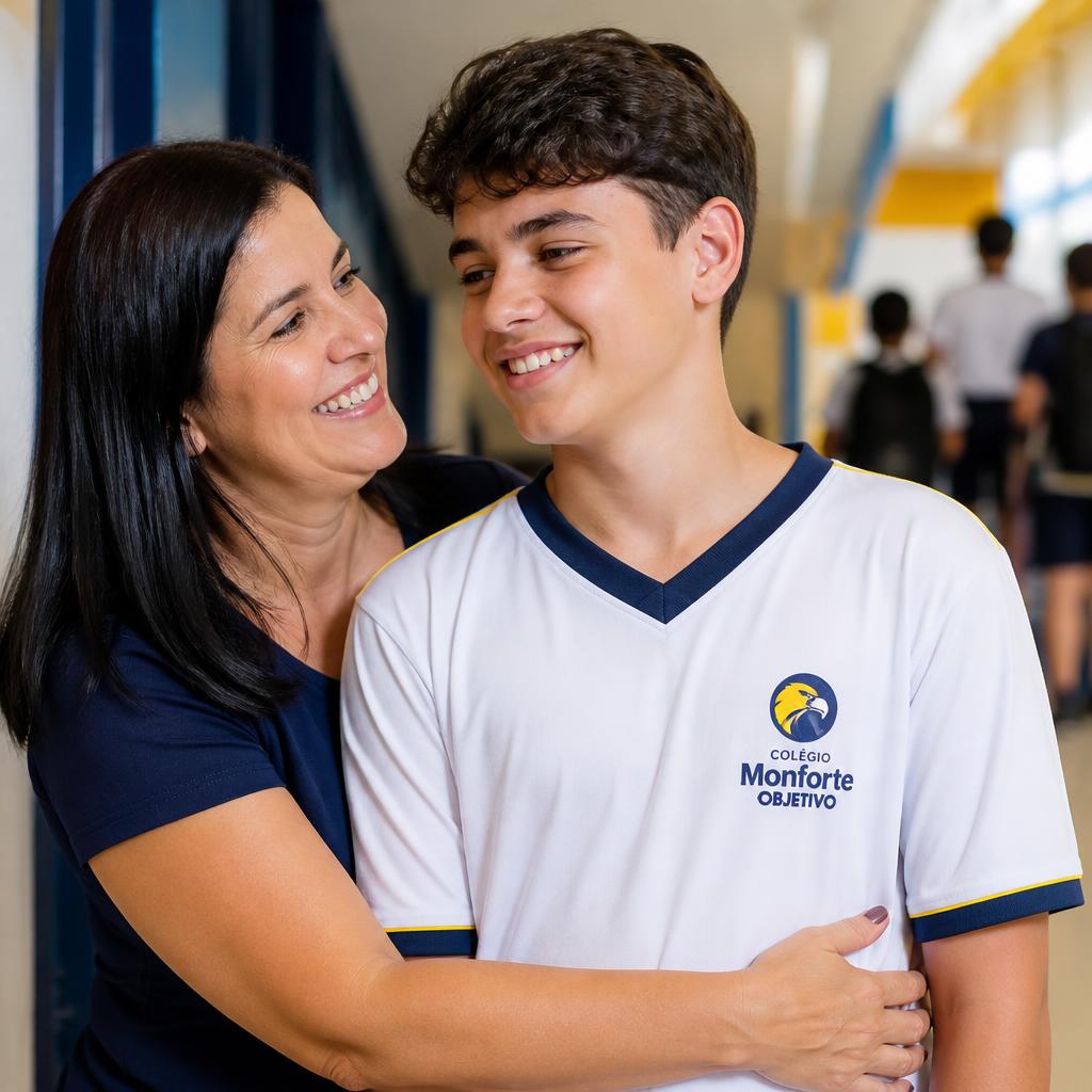 Mãe e filho com uniforme do Colégio Monforte no corredor da escola